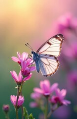 Obraz premium butterfly on a spring pink flower on a green background with bokeh