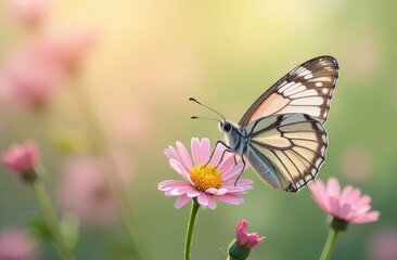 Fototapeta premium butterfly on a spring pink flower on a green background with bokeh