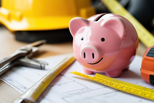 Creative budgeting with a piggy bank and tools near a construction plan. Generative AI