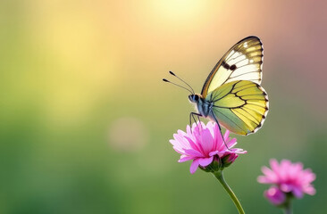 Obraz premium butterfly with yellow wings on a spring pink flower on a green background with bokeh