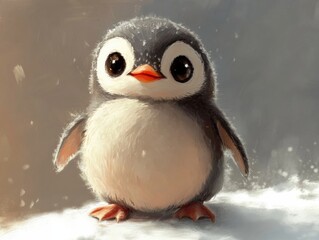 Naklejka premium Cute cartoon penguin standing on snow with a friendly expression during winter