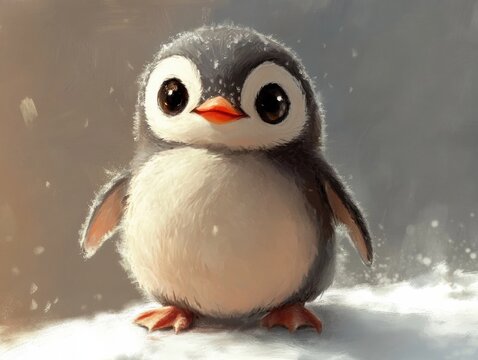 Cute cartoon penguin standing on snow with a friendly expression during winter
