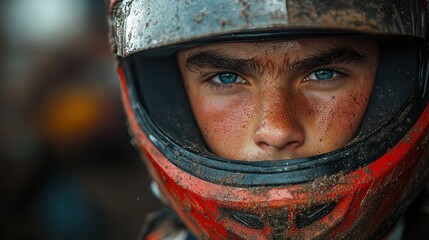 Fototapeta premium Muddy Determination: A Close-Up Portrait of a Young Motocross Racer