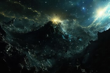 Obraz premium celestial catastrophe showing massive planetary explosion, debris field illuminated by distant stars, cosmic destruction in deep space