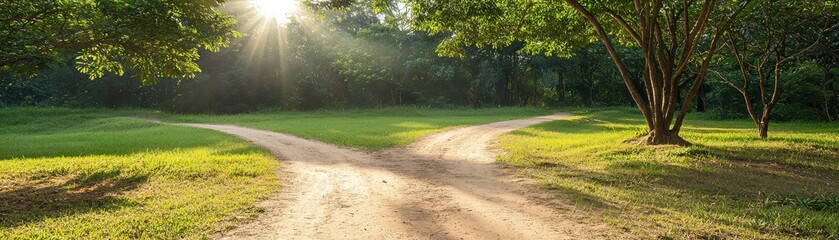 Obraz premium A serene landscape shows a forked dirt path illuminated by sunlight, surrounded by lush greenery and trees, inviting contemplation and choice.