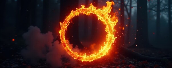 Burning circle against absolute blackness Dynamic, swirling flames , eruption, inferno, cosmic