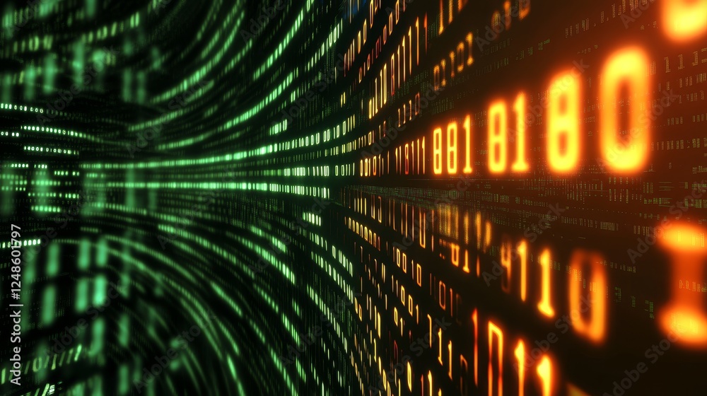 Poster abstract digital tunnel with glowing binary code in orange and green, depicting data flow and techno
