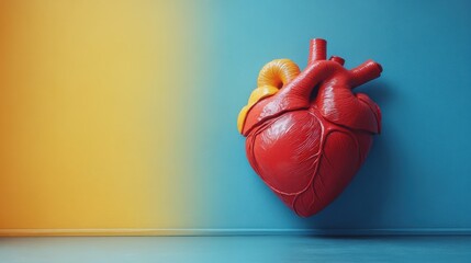 Realistic anatomical heart model displayed against a vibrant blue and yellow background, emphasizing health