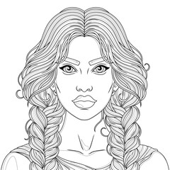 A beautiful woman with two pigtails.Coloring book antistress for children and adults. 