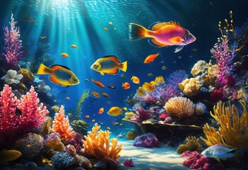 Obraz premium vibrant underwater seafood still life composition colorful marine flora capturing essence ocean life, aquatic, fish, shellfish, seaweed, coral