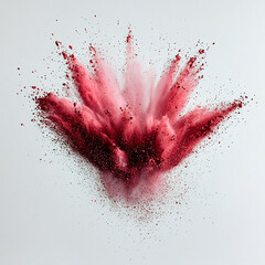 Explosive burst of red powder, with the visual effect of a blooming explosion, is spread against a white background.