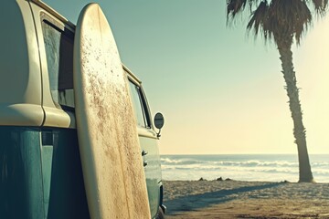 Vintage surfboard leaning on retro van at sunset beach with palm tree, nostalgic California surf lifestyle