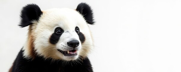 Fototapeta premium Close-up of a panda's expressive face, pure white backdrop, eyes, animal, giant panda
