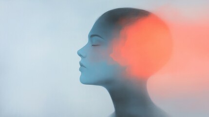 Obraz premium a serene profile of a blue-toned woman with an orange glow, symbolizing inner peace and mindfulness