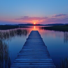 Fototapeta premium Serene sunset over a tranquil lake with a wooden pier leading into the water, surrounded by lush greenery and soft clouds