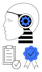 Profile of a head with a gear inside, checklist with a checkmark, and badge with a checkmark. Ideal for AI, innovation, productivity, quality control, certification, education abstract line flat