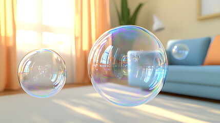 Floating soap bubbles glimmering in sunlight inside a bright, modern living room setting.