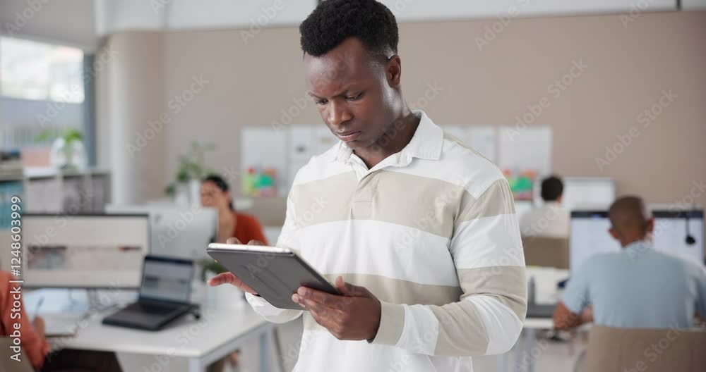 Aufkleber Man, research and browsing with tablet for company performance, analysis or report at office. Male person, analyst or employee scrolling with technology for online review, data or app at workplace