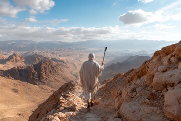Majestic desert trek at sunrise with a lone figure journeying through rugged mountain terrain. Generative AI