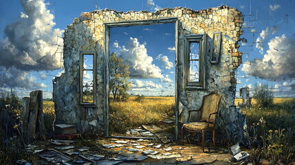 Ruined building with broken walls and an old chair overlooking a sunny field under a bright blue sky.