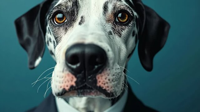 Dog is wearing a suit and tie. The dog has a serious expression on its face. Concept of formality and elegance