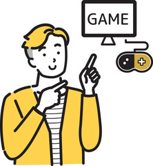 笑顔でゲームを楽しむ若い男性の指差しイラスト
