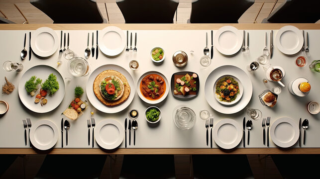 Overhead view of a beautifully arranged dinner table setting with a variety of delicious dishes