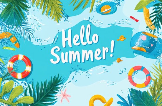 Hello Summer Tropical Beach Scene Illustration