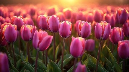Fototapeta premium A vibrant field of blooming pink tulips at sunset, creating a picturesque landscape filled with natural beauty