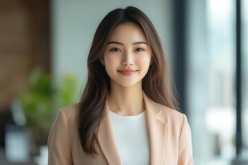 Fototapeta premium confident young asian entrepreneur in modern office setting, natural lighting, minimalist background, professional attire, genuine warm smile