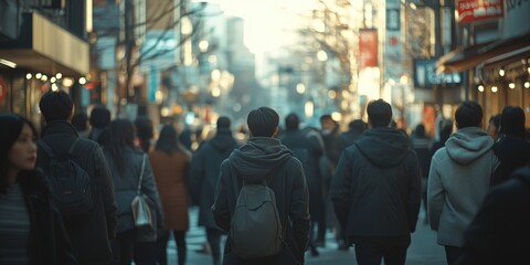 Naklejka premium People Walking in a Busy Urban Street During Daylight Hours, Captivating Scene of Movement and Activity in a Thriving City Environment