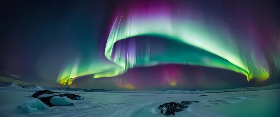 A breathtaking overview of polar lights dancing across the frozen sky creating a magnificent display of colors that mesmerizes observers. Extremely detailed high resolution illustration.