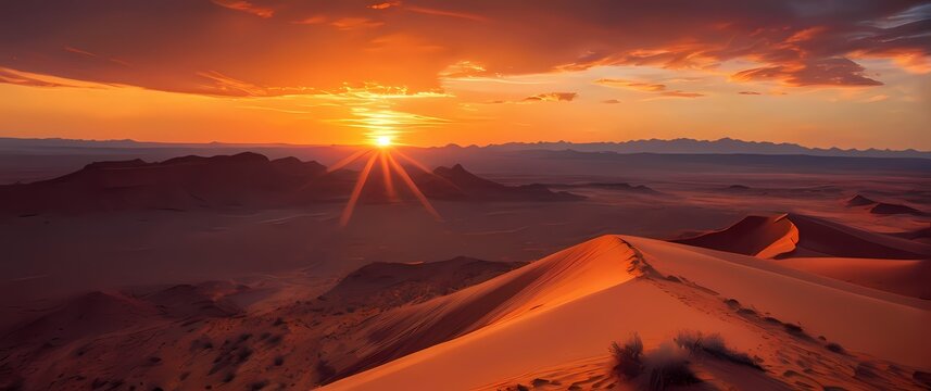 A breathtaking oil painting illustrating a vivid sunset casting warm colors over the sprawling American desert illuminating vast horizons. Extremely detailed high resolution illustration.