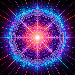 A glowing, hypnotic design with fractal patterns and vivid, electrifying hues