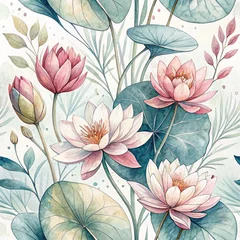 Watercolor lotus flowers and leaves with soft pastel colors.