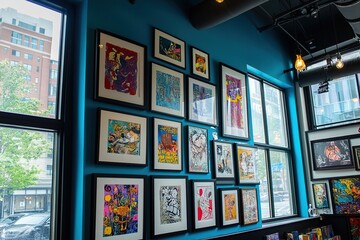 Vibrant Abstract Art Gallery Wall: Colorful Paintings and Drawings Displayed in Modern Frames,...