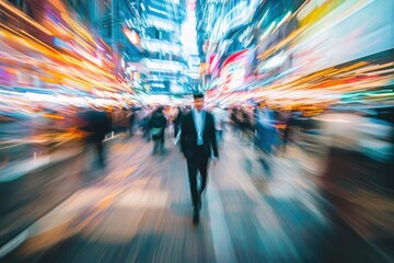 Blurred movement of a businessman walking through a vibrant urban cityscape filled with colorful lights, showcasing the hustle and bustle of city life