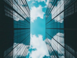 Reflective Skyscrapers Under Sunny Sky for Corporate Branding and Business Wallpapers