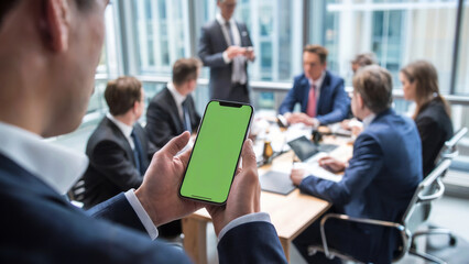 A businessman uses a smartphone with a green screen during an office meeting