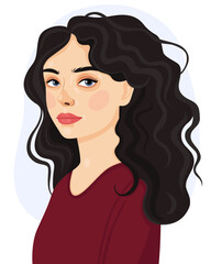 Portrait of a young woman with lush curly black hair and pale skin. Women's day. Pretty european girl in marron clothes. Vector illustration.