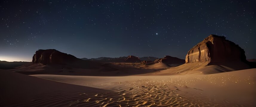 A breathtaking depiction of the desert under a starry sky illuminating the beauty of the tranquil landscape with twinkling fragments of light. Extremely detailed high resolution illustration.