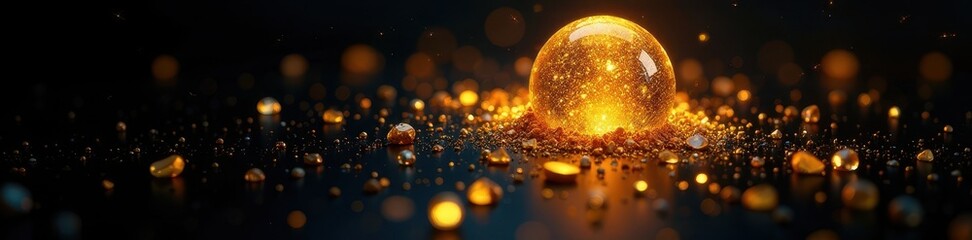 Splintering golden orb, radiant shards scattered on black , bright, fantasy, debris