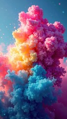 Swirling cloud of multicolored Holi paint, wide panoramic view , white, swirling, vivid