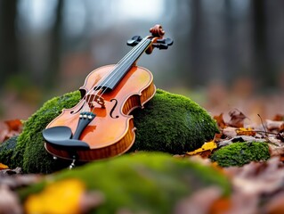Violin rests on mossy rock, autumn forest background, nature music concept (1)