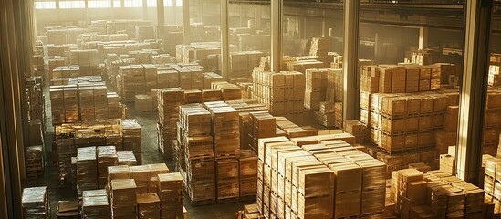 Vast Warehouse Inventory: Cardboard Boxes Stacked High, Efficient Logistics, Optimized Storage, Industrial Space, Sunlight Illuminates Pallets