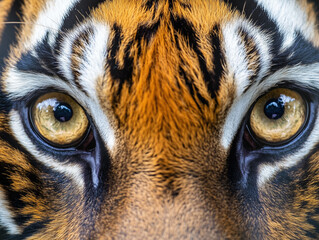 Close-up of a red tiger’s intense big eyes with striking patterns and vivid colors in high detail