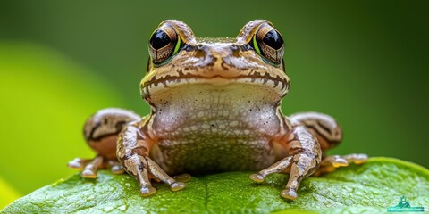 Obraz premium Cute Frog Sitting on Leaf, Smiling at the Camera with Beautiful Background and Sharp Focus Capturing Its Charming Expression in Detail