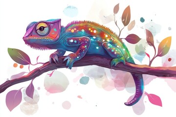 Obraz premium A brightly colored chameleon is perched gracefully on a tree branch