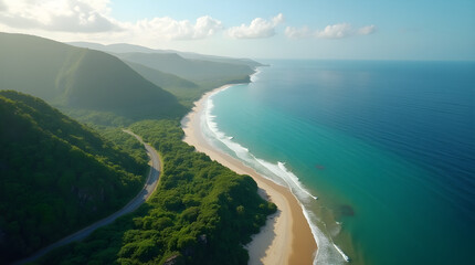 Aerial View of Scenic Coastline: Tropical Beach, Turquoise Water, Green Mountains, and Sandy Shore in El Salvador