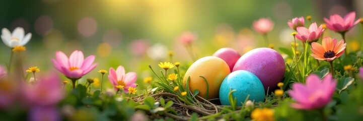 Vibrant eggs nestled in spring blooms, garden hunt , sunshine, nature, painted eggs